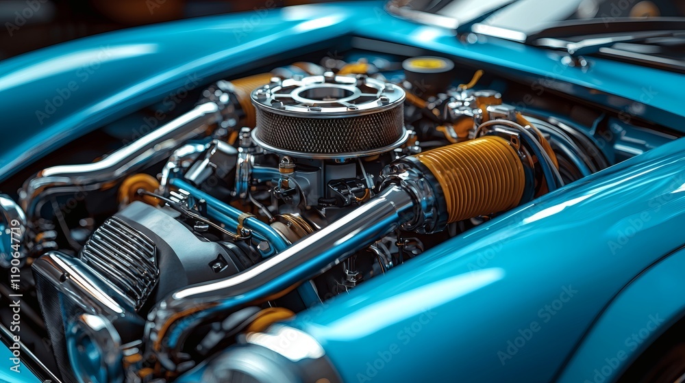 Poster advanced vehicle components such as turbochargers and high-performance exhaust systems for racing ca