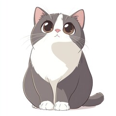 Obraz premium Cute grey and white cartoon cat looking up, isolated on white background, for children's book illustration