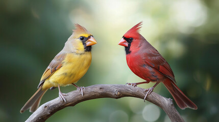 Obraz premium Vibrant Birds in Nature with Green Blur Background
