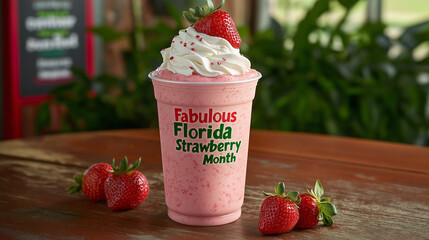 A vibrant image of a Florida strawberry smoothie topped with whipped cream, with the words "Fabulous Florida Strawberry Month" elegantly layered in bright red and green, evoking freshness and flavor.