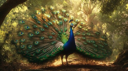 Obraz premium A scene of a wild peacock displaying its colorful feathers under a sunlit forest canopy