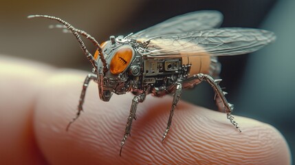 An astonishing bionic insect sits on the tip of a finger, featuring intricate mechanical parts mini robot for military industry.