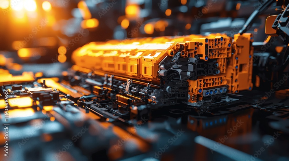 Poster Advanced vehicle components such as lithium-ion batteries optimized for extended range in electric vehicles Stock Photo with side copy space