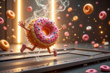 Energetic donut character running on a treadmill, surrounded by floating donuts, dynamic setting