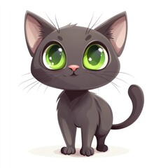 Cute grey kitten standing, large eyes, white background, digital illustration, children's book