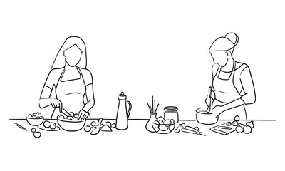 Two girls cooks at the same table
continuous line art drawing isolated on white background. Housewife preparing food. Vector illustration