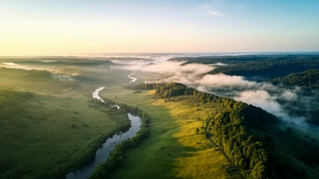 Aerial drone shot of a sprawling, green mountain valley in the early morning light, with winding rivers and a misty haze gently settled over the trees. 