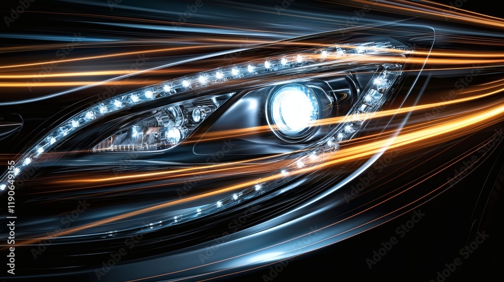 Poster Advanced vehicle components designed for adaptive headlights improving visibility and safety in night driving Stock Photo with side copy space