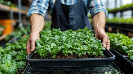 Gardener Holding Tray of Seedlings in Greenhouse for Plant Cultivation