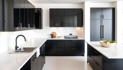 "Contemporary Kitchen with Sleek Black Cabinets and a Marble Countertop, Showcasing Modern Elegance and Stylish Interior Design – Perfect for Home Inspiration and Architectural Photography"