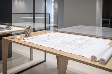Modern minimalist workspace with creative tools and blueprint