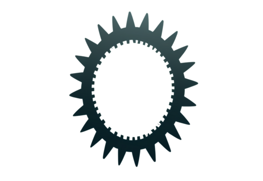 A circular gear or cogwheel icon with evenly spaced teeth around the edge and a solid center, symbolizing settings, configuration, or mechanical functionality in digital interfaces.PNG