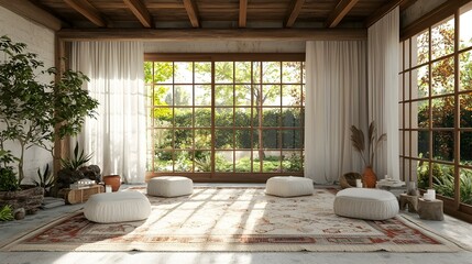 Fototapeta premium Serene sunlit meditation room with floor cushions, plants, and large windows overlooking a garden. Perfect for mindfulness, yoga, or relaxation.