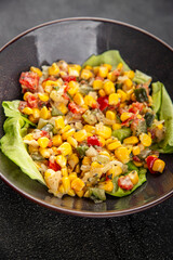 Corn salad vegetables fresh tasty food dish delicious gourmet food background on the table rustic food top view copy space keto and paleo diet Vegetarian and vegan food