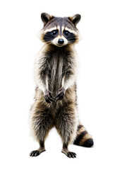 Obraz premium A curious raccoon with a fluffy tail and distinctive black mask, standing on its hind legs, isolated on a transparent background