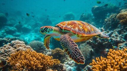 A vibrant depiction of a green sea turtle swimming through coral reefs in Southeast Asia