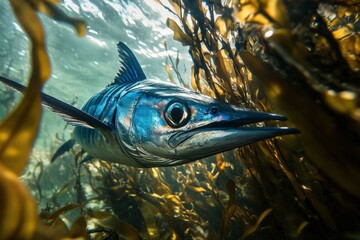 Blue marlin swimming through kelp forest in serene setting