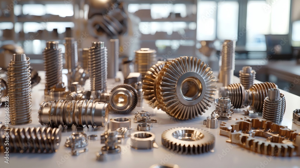 Aufkleber Automotive components displayed on a clean white table featuring gears pistons and engine parts with intricate details Stock Photo with side copy space