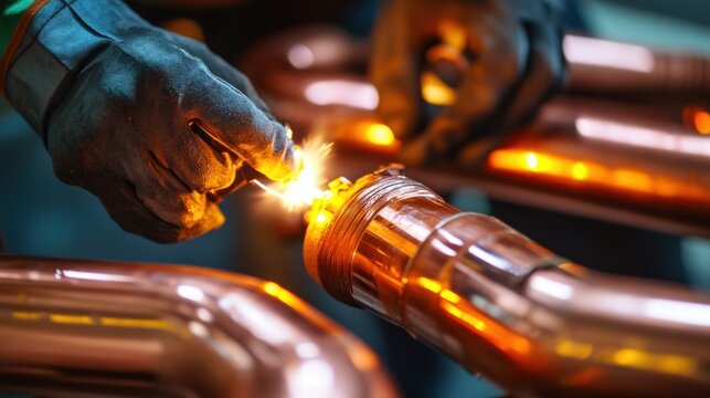 Plumber soldering copper pipes with a blowtorch and wearing safety gear in a workshop