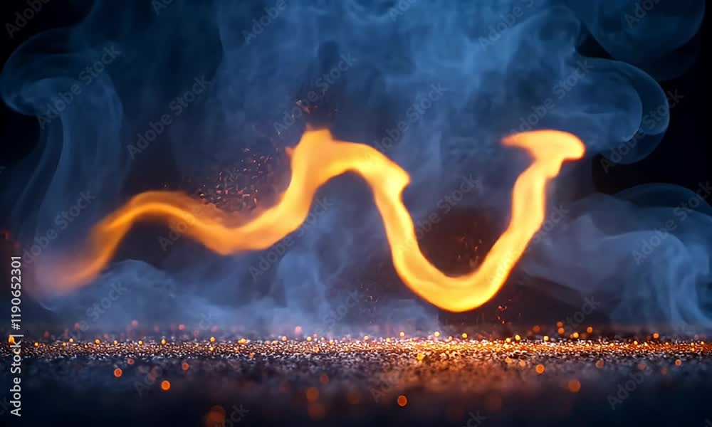 Wall mural a dynamic display of swirling orange and blue flames amidst smoke and sparks, creating a mesmerizing