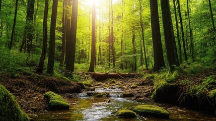 Sunlit forest scene with a gentle stream flowing over mossy rocks in a woodland setting