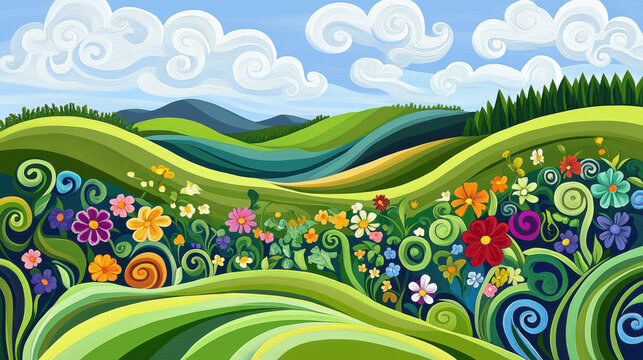 A vibrant, stylized summer meadow scene, rolling green hills with colorful wildflowers