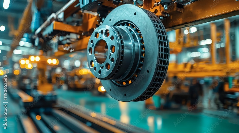 Poster automotive components such as brake discs and calipers highlighted in a manufacturing plant with ind