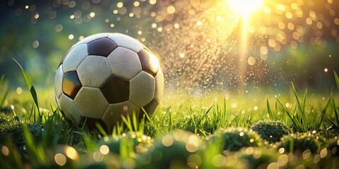 Fototapeta premium Close-up Soccer Ball on Lush Green Grass, Summer Sport Field, Football Game, Outdoor Recreation