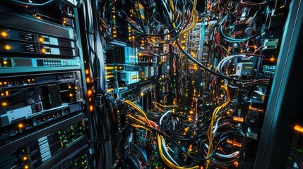 Futuristic server room filled with advanced networking technology and glowing data nodes illuminating the space with vibrant energy