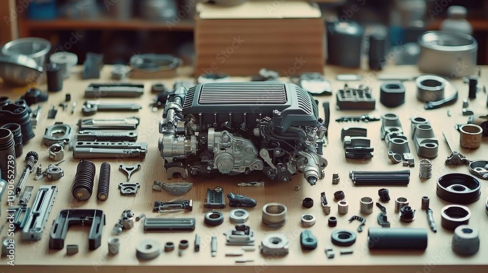 Poster Automotive components showcased in an exploded view of a car engine detailing the interconnected systems and functionality Stock Photo with side copy space