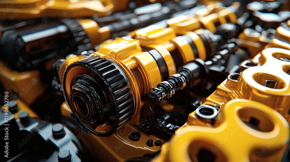 Poster Automotive components showcased in an exploded view of a car engine detailing the interconnected systems and functionality Stock Photo with side copy space