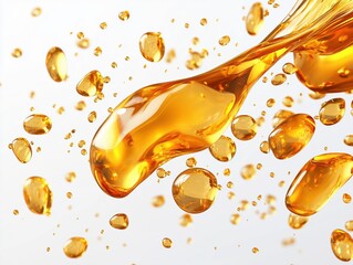 Captivating gold oil drops floating effortlessly on a transparent backdrop, showcasing hyperrealistic details and three-dimensional depth in stunning 8K resolution