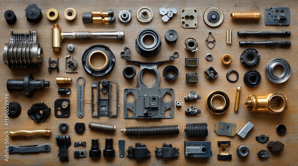 Poster Automotive components showcased in an exploded view of a car engine detailing the interconnected systems and functionality Stock Photo with side copy space