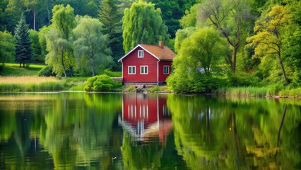 Fototapeta premium A serene red house standing on a lake with lush greenery surrounding it and a few trees leaning over the water's edge, tree branches, serene atmosphere