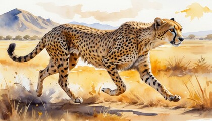 Fototapeta premium Wild cheetah sprinting gracefully across the golden savannah under a clear sky during daylight hours