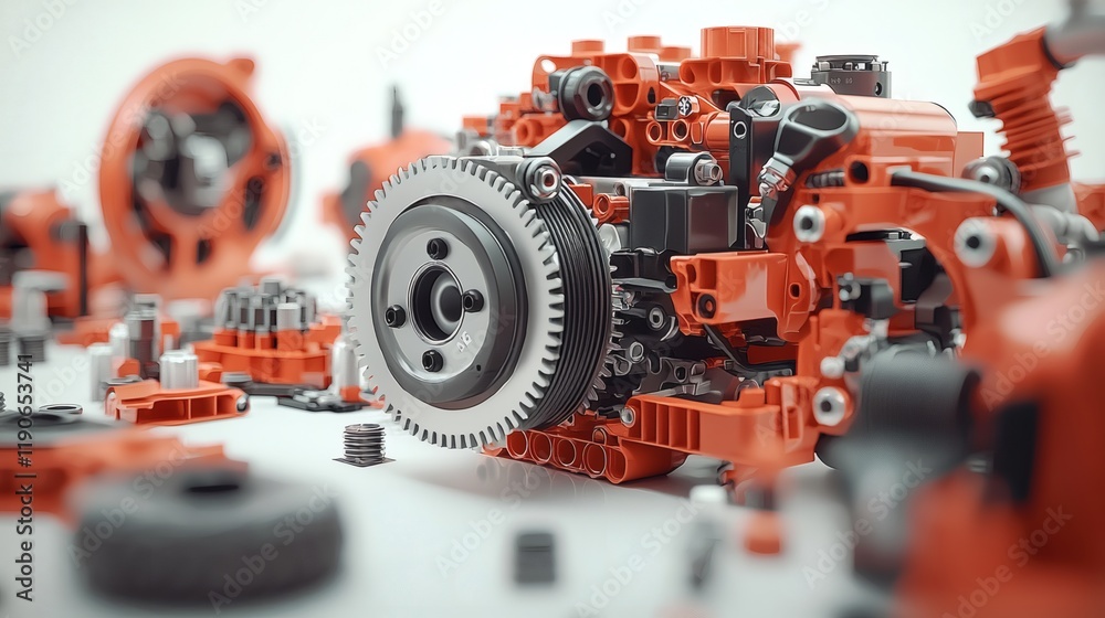 Poster Automotive components showcased in an exploded view of a car engine detailing the interconnected systems and functionality Stock Photo with side copy space