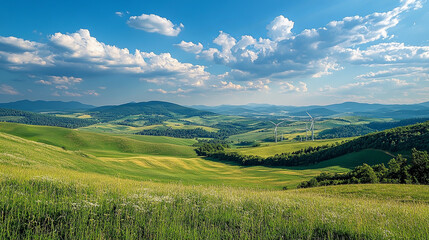 Fototapeta premium Wind turbines on a hilly landscape, with green fields and distant mountains, showcasing the integration of renewable energy into nature