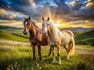 Majestic Pair: Two Horses in a Serene Meadow Landscape