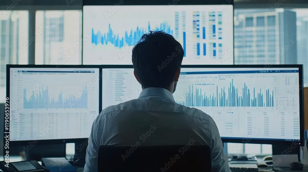 Poster business professional analyzing data on multiple computer screens