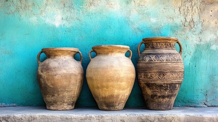 Fototapeta premium Ancient Clay Jugs on Turquoise Wall Background