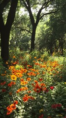 Naklejka premium Sunlit garden with vibrant orange and red flowers blooming under leafy trees.