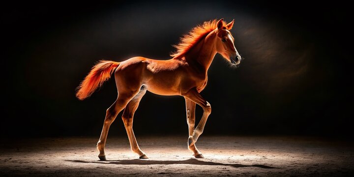 Majestic Red Dun Foal Silhouette Against Black Night Sky - Stunning Equine Photography