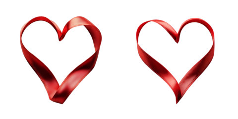 PNG Cut out red heart shape satin ribbon isolated on empty transparent background. 14 February holiday, birthday, valentine's day. Love theme.