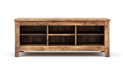 Rustic wooden media console with six open compartments.
