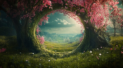 Beautiful enchanted landscape. Fantasy garden background. Magic meadow with spring blooming trees. Round frame with copy space in the middle. Fairy tale banner. AI generative image.