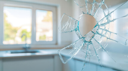 Close-up of broken glass window in a bright home interior