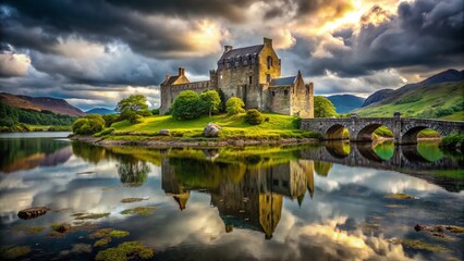 Obraz premium Majestic Scottish Castle Reflection in Calm Lake - Gray Sky Landscape
