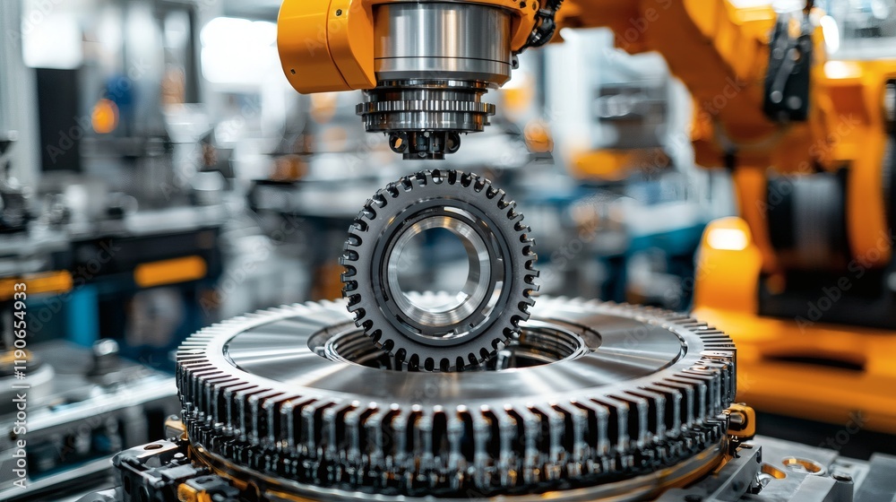Aufkleber Automotive components being inspected by a robotic arm in a high-tech factory setting Stock Photo with side copy space