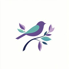Purple bird perched on branch, leaves, white background, nature design, logo