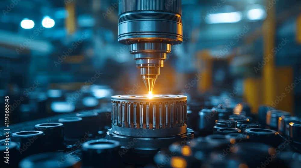 Poster Automotive components being inspected by a robotic arm in a high-tech factory setting Stock Photo with side copy space